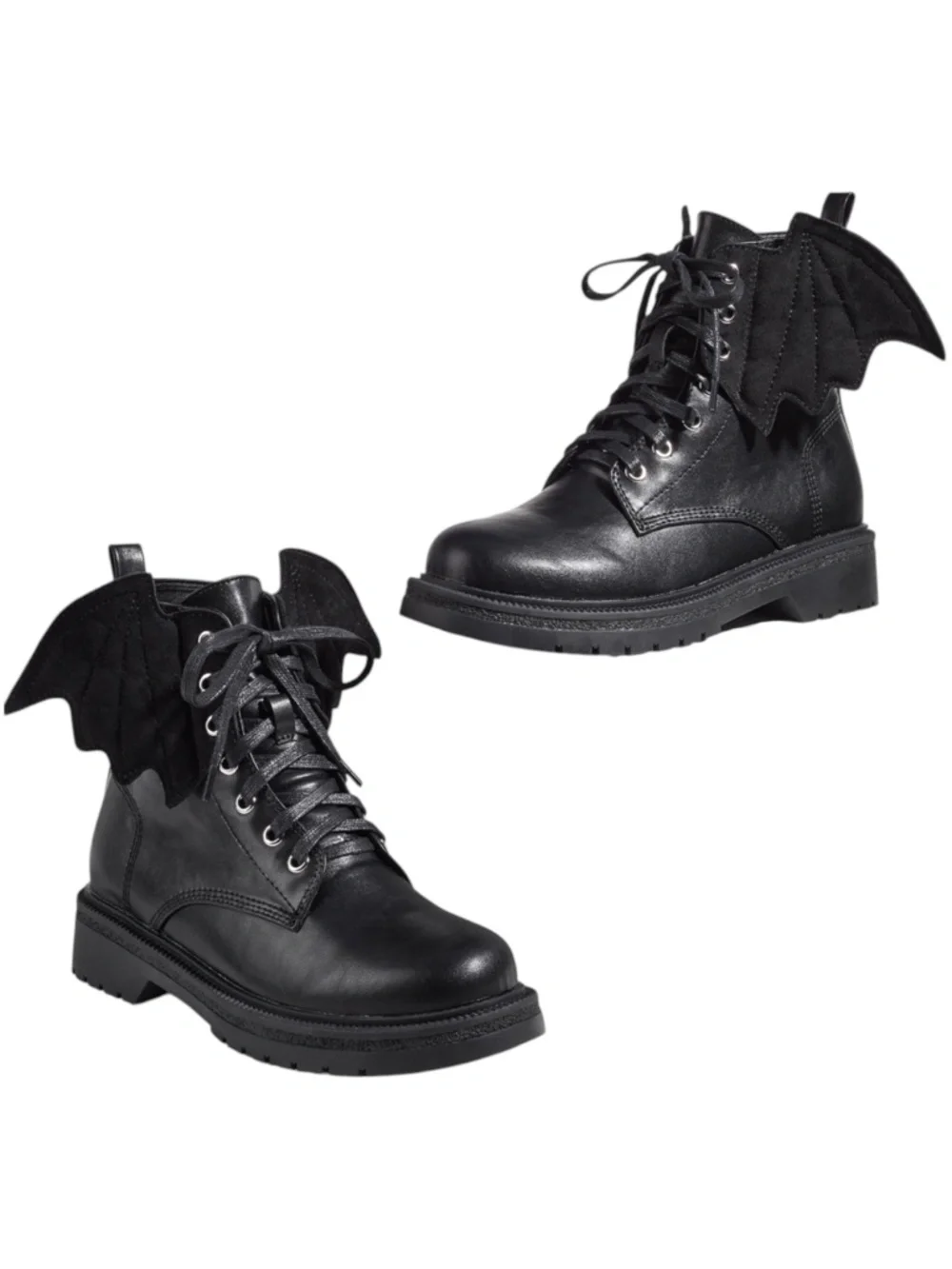 Bat Wing Combat Boots NEW 3.5 Black Lace-Up Lug Sole Ankle Smooth Vegan Leather